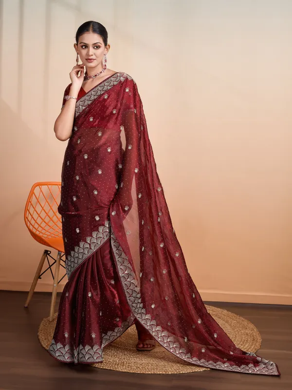 Wine_Red_Blooming_Burberry_Embroidered_Partywear_Saree