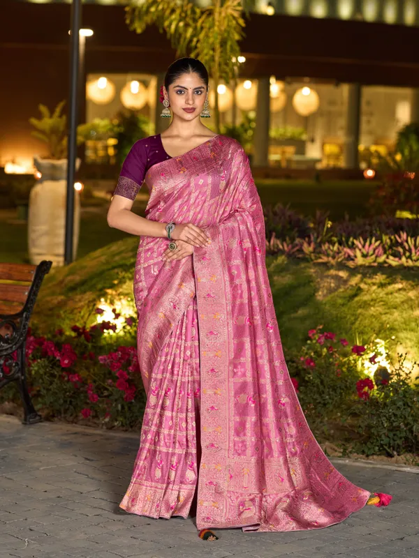Blush_Pink_Dola_Silk_Gharchola_Saree_With_Deep_Plum_Stone_Work_Blouse_For_Women