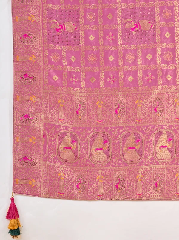 Blush_Pink_Dola_Silk_Gharchola_Saree_With_Deep_Plum_Stone_Work_Blouse_For_Women