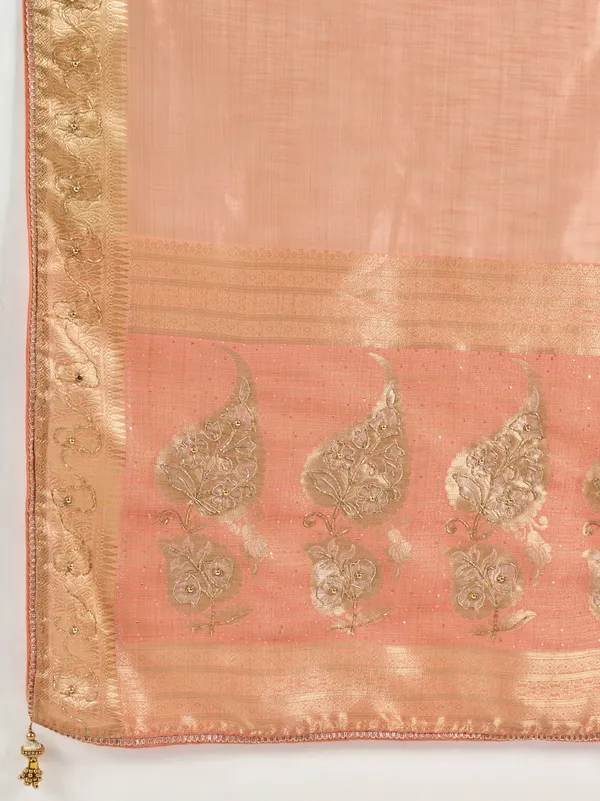 Peach_Gold_Tissue_Linen_Saree_With_Zardosi_Handwork_&_Designer_Border_For_Women