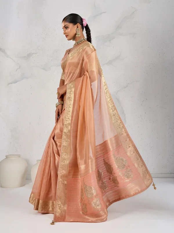Peach_Gold_Tissue_Linen_Saree_With_Zardosi_Handwork_&_Designer_Border_For_Women