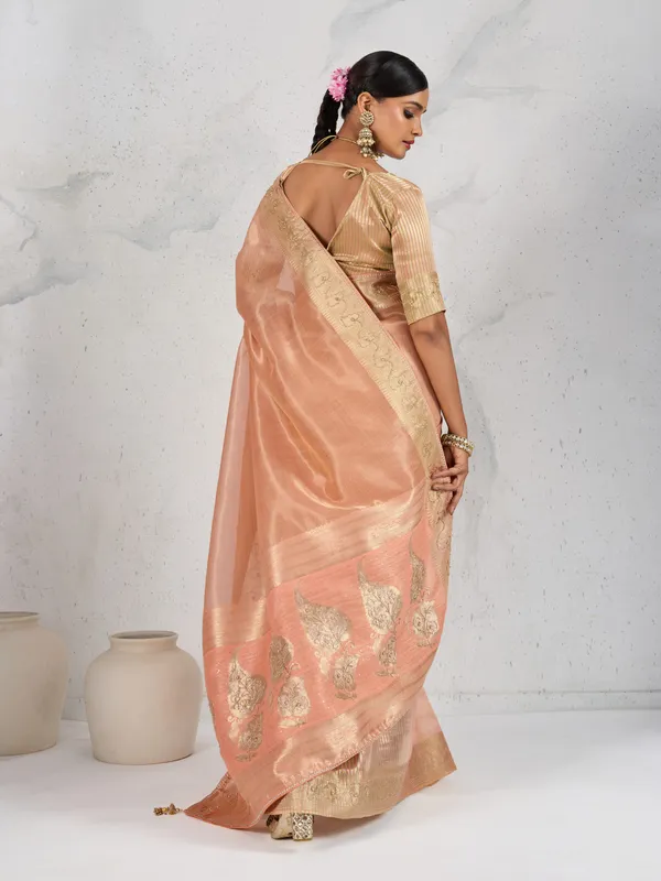 Peach_Gold_Tissue_Linen_Saree_With_Zardosi_Handwork_&_Designer_Border_For_Women