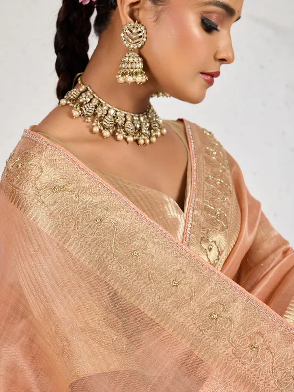 Peach_Gold_Tissue_Linen_Saree_With_Zardosi_Handwork_&_Designer_Border_For_Women