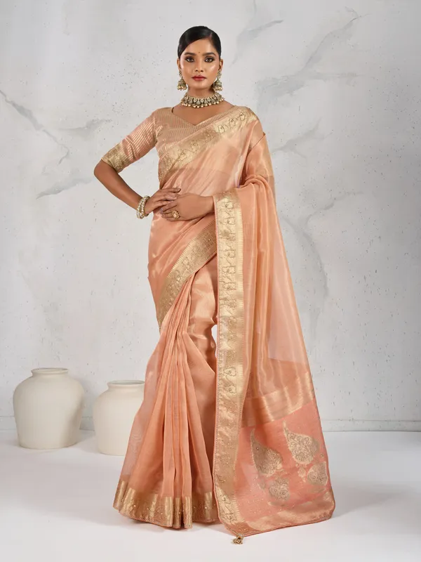 Peach_Gold_Tissue_Linen_Saree_With_Zardosi_Handwork_&_Designer_Border_For_Women