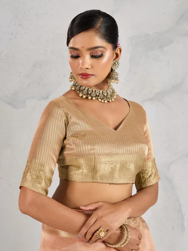 Peach_Gold_Tissue_Linen_Saree_With_Zardosi_Handwork_&_Designer_Border_For_Women