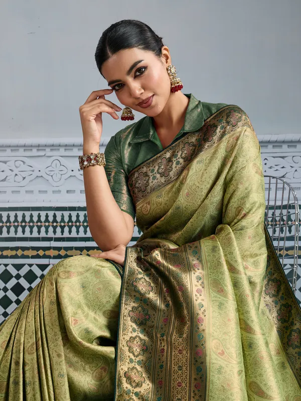 Olive_Green_Kanjivaram_Silk_Saree_with_Meenakari_Jaal_Weave