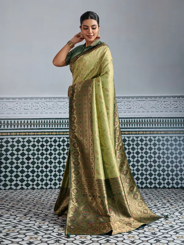 Olive_Green_Kanjivaram_Silk_Saree_with_Meenakari_Jaal_Weave