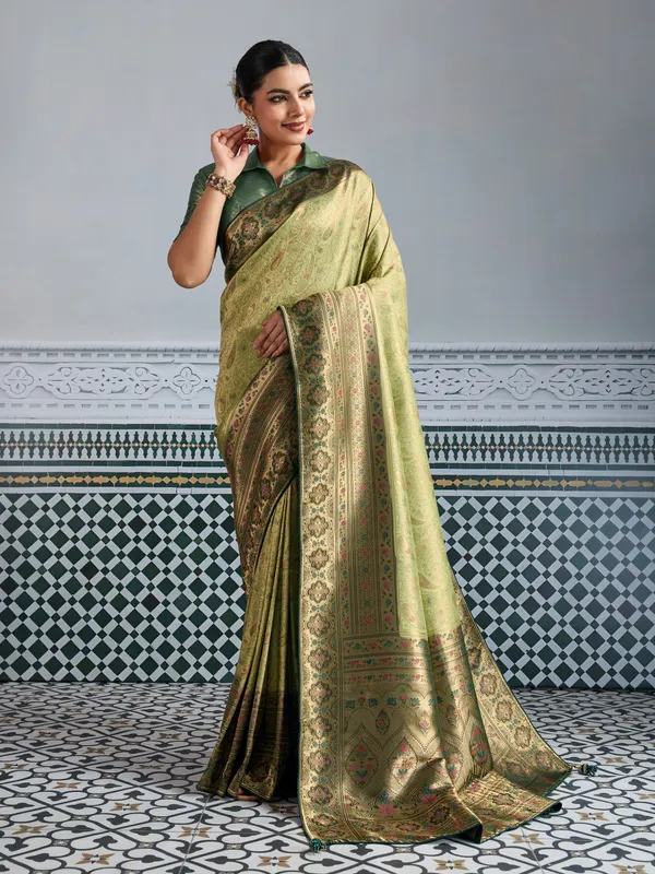 Olive_Green_Kanjivaram_Silk_Saree_with_Meenakari_Jaal_Weave