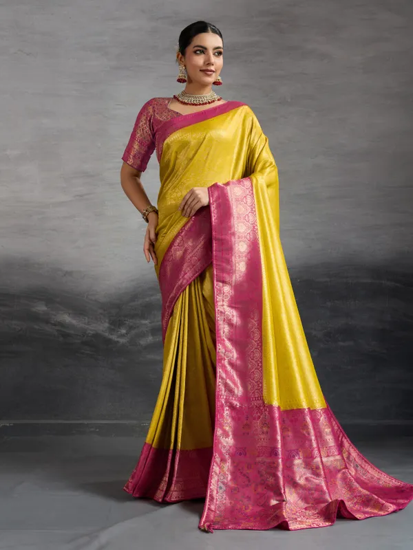 Mustard_Yellow_&_Magenta_Pink_Kanjivaram_Soft_Silk_Saree_with_Meenakari_&_Double_Zari_Work