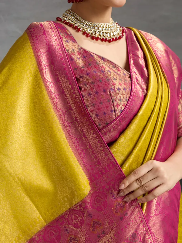 Mustard_Yellow_&_Magenta_Pink_Kanjivaram_Soft_Silk_Saree_with_Meenakari_&_Double_Zari_Work