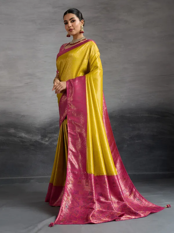 Mustard_Yellow_&_Magenta_Pink_Kanjivaram_Soft_Silk_Saree_with_Meenakari_&_Double_Zari_Work