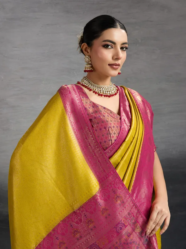 Mustard_Yellow_&_Magenta_Pink_Kanjivaram_Soft_Silk_Saree_with_Meenakari_&_Double_Zari_Work