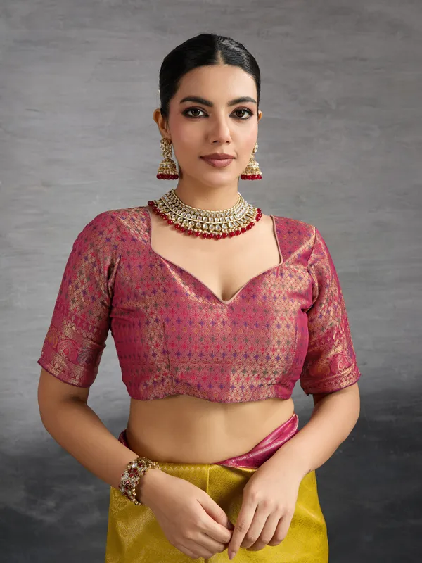 Mustard_Yellow_&_Magenta_Pink_Kanjivaram_Soft_Silk_Saree_with_Meenakari_&_Double_Zari_Work