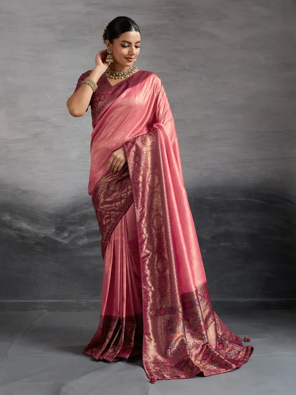 Rose_Pink_Kanjivaram_Soft_Silk_Saree_With_Meenakari_Pallu_&_Double_Zari_Kadiyal_Border_For_Women