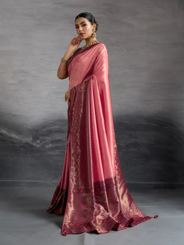 Rose_Pink_Kanjivaram_Soft_Silk_Saree_With_Meenakari_Pallu_&_Double_Zari_Kadiyal_Border_For_Women