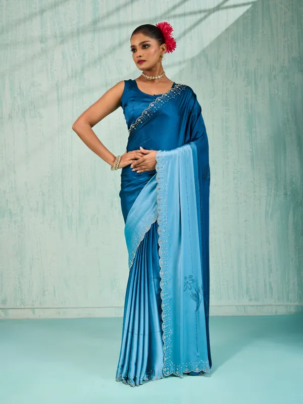 Midnight_&_Ice_Blue_Ombré_Satin_Saree_With_Rhinestone_Hand_Embellishments_For_Women