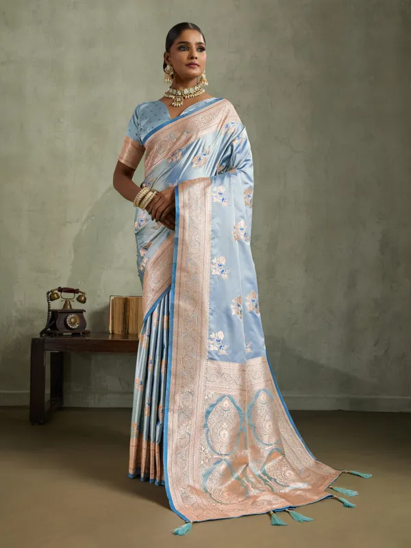 Powder_Blue_Satin_Silk_Banarasi_Saree