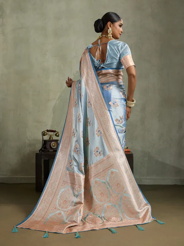Powder_Blue_Satin_Silk_Banarasi_Saree