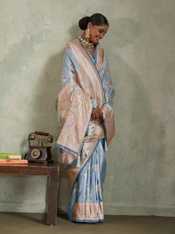 Powder_Blue_Satin_Silk_Banarasi_Saree