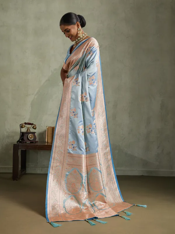 Powder_Blue_Satin_Silk_Banarasi_Saree