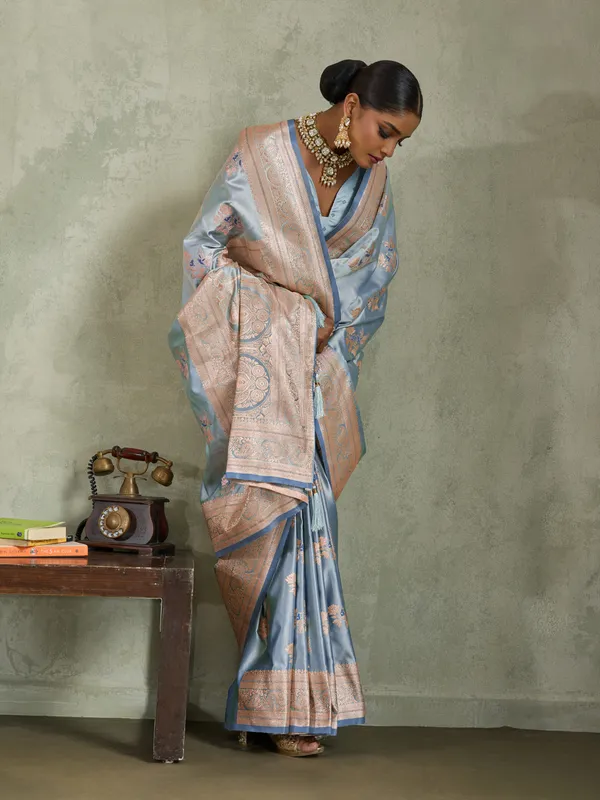 Powder_Blue_Satin_Silk_Banarasi_Saree