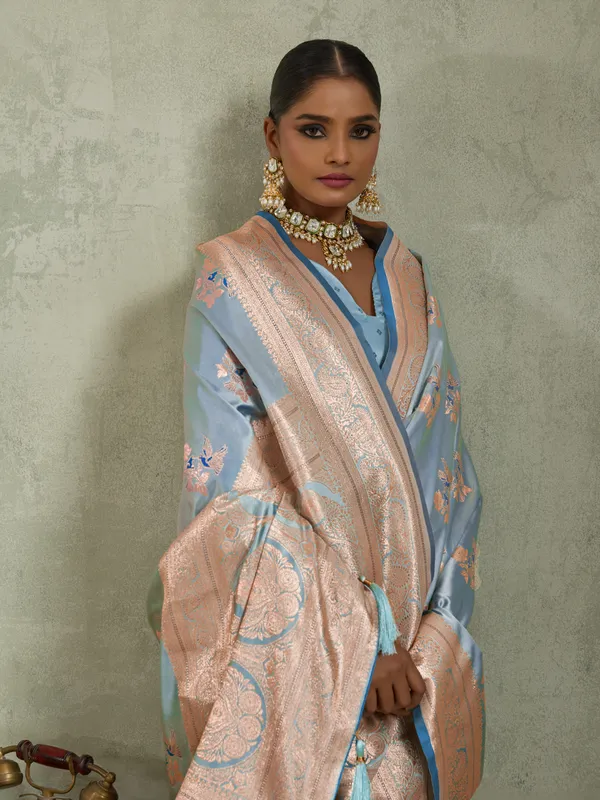 Powder_Blue_Satin_Silk_Banarasi_Saree