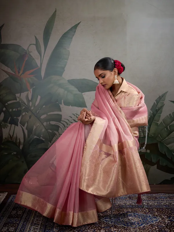 Rose_Pink_Tissue_Silk_Saree_With_Woven_Patta_&_Brocade_Blouse_For_Women