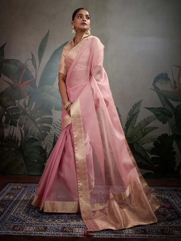 Rose_Pink_Tissue_Silk_Saree_With_Woven_Patta_&_Brocade_Blouse_For_Women
