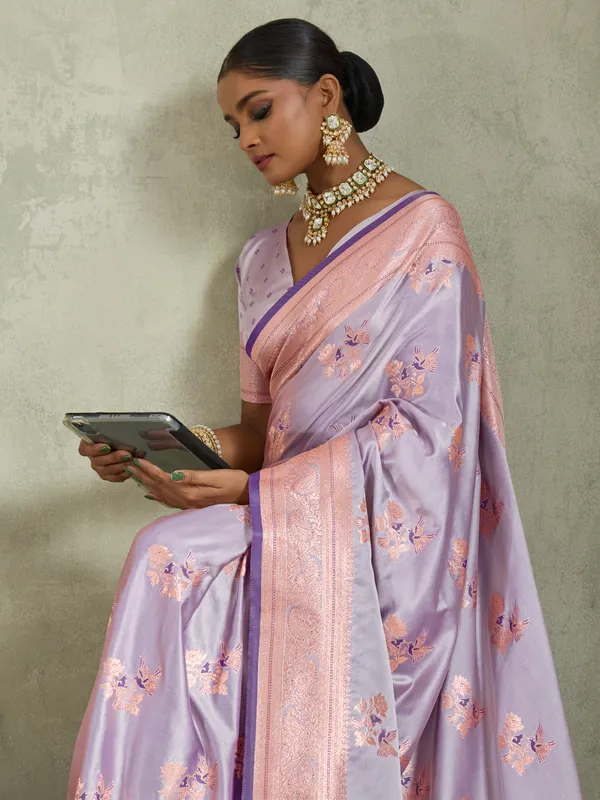 Lavender_Satin_Silk_Banarasi_Saree_with_Meenakari_&_Zari_Detailing