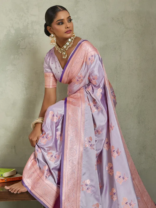 Lavender_Satin_Silk_Banarasi_Saree_with_Meenakari_&_Zari_Detailing