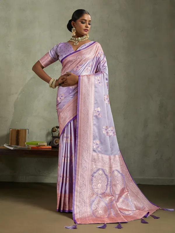 Lavender_Satin_Silk_Banarasi_Saree_with_Meenakari_&_Zari_Detailing