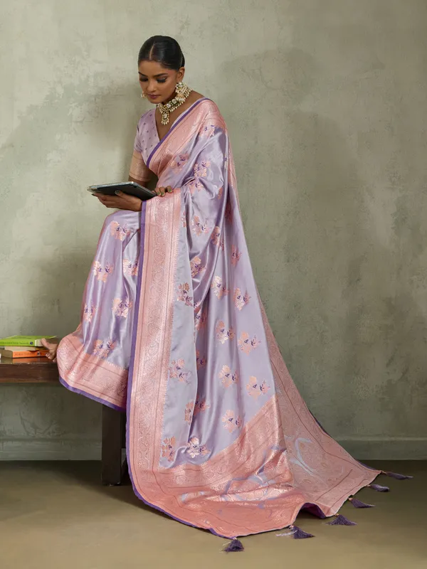Lavender_Satin_Silk_Banarasi_Saree_with_Meenakari_&_Zari_Detailing