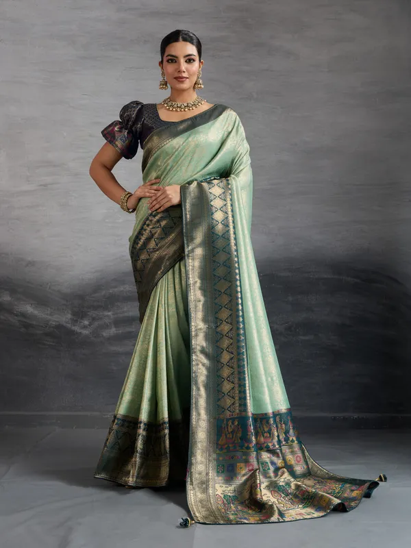 Mint_Green_&_Navy_Blue_Kanjivaram_Silk_Saree_with_Antique_Zari_Border