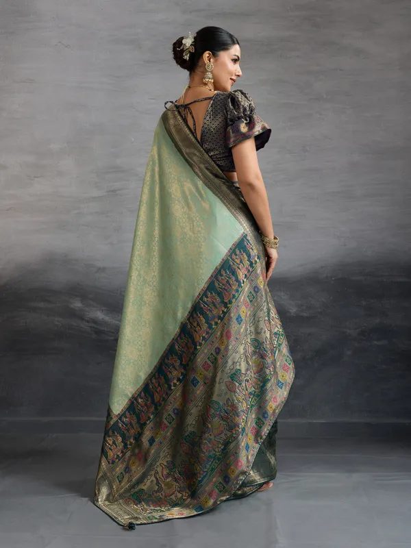Mint_Green_&_Navy_Blue_Kanjivaram_Silk_Saree_with_Antique_Zari_Border