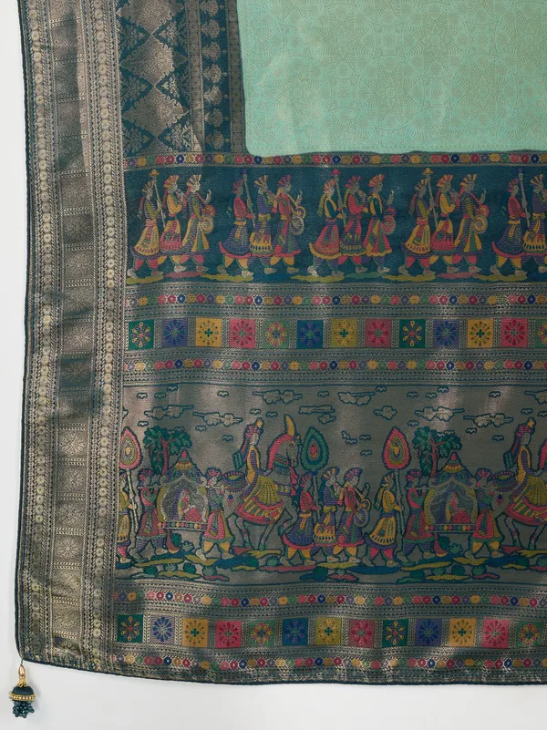 Mint_Green_&_Navy_Blue_Kanjivaram_Silk_Saree_with_Antique_Zari_Border