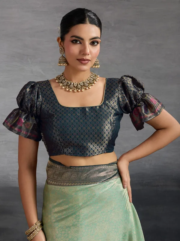 Mint_Green_&_Navy_Blue_Kanjivaram_Silk_Saree_with_Antique_Zari_Border