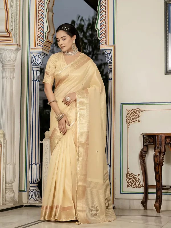 Buttercream_Gold_Tissue_Linen_Saree_With_Khatli_Hand_Embroidery_For_Women