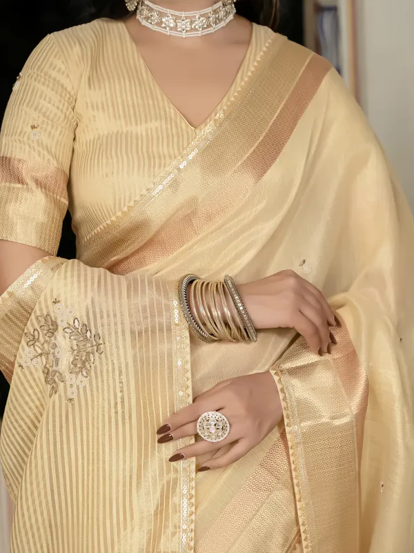 Buttercream_Gold_Tissue_Linen_Saree_With_Khatli_Hand_Embroidery_For_Women