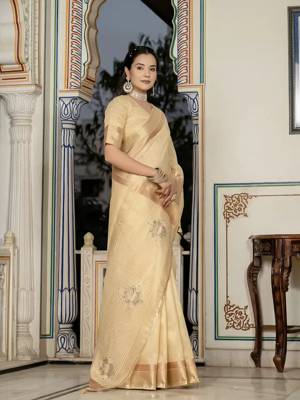 Buttercream_Gold_Tissue_Linen_Saree_With_Khatli_Hand_Embroidery_For_Women