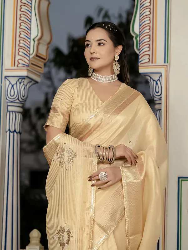 Buttercream_Gold_Tissue_Linen_Saree_With_Khatli_Hand_Embroidery_For_Women