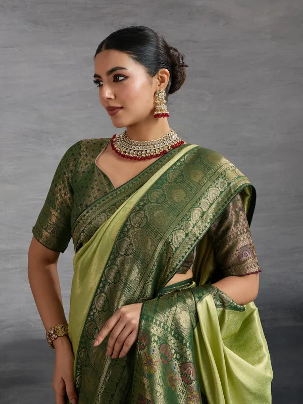 Pistachio_&_Bottle_Green_Kanjivaram_Soft_Silk_Saree_with_Meenakari_&_Double_Zari_Work