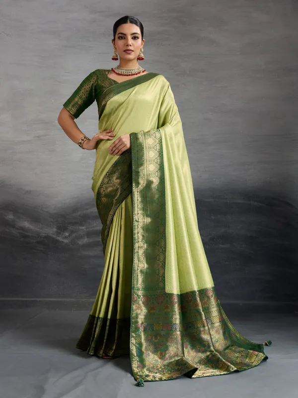 Pistachio_&_Bottle_Green_Kanjivaram_Soft_Silk_Saree_with_Meenakari_&_Double_Zari_Work