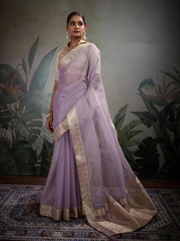 Lavender_Tissue_Silk_Saree_With_Woven_Gold_Pallu_&_Brocade_Blouse_For_Women