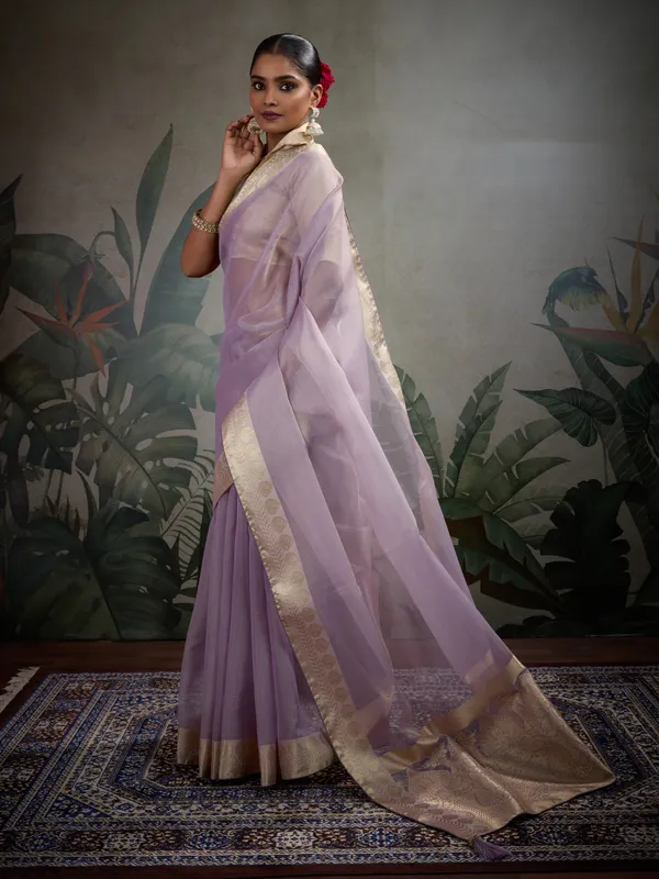 Lavender_Tissue_Silk_Saree_With_Woven_Gold_Pallu_&_Brocade_Blouse_For_Women