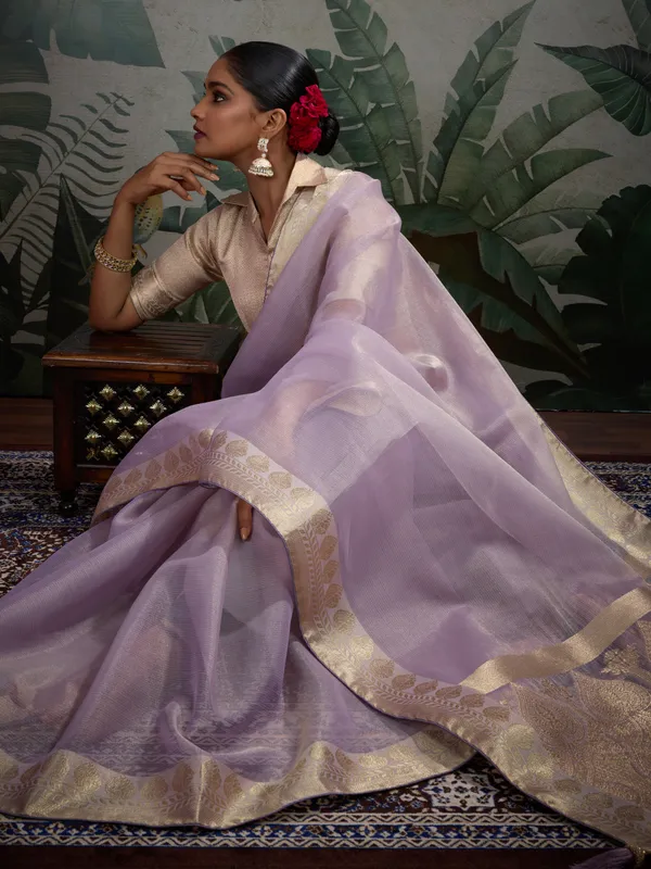 Lavender_Tissue_Silk_Saree_With_Woven_Gold_Pallu_&_Brocade_Blouse_For_Women