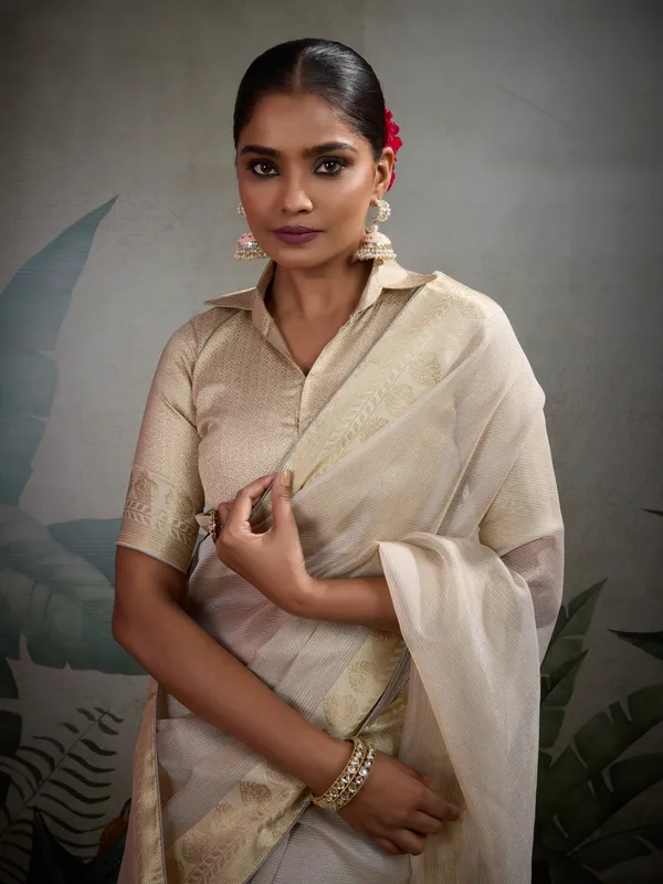 Off-White_Self_Pattern_Tissue_Silk_Saree_With_Woven_Patta_&_Brocade_Blouse_For_Women