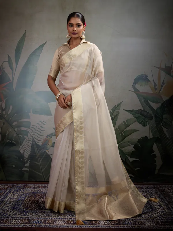 Off-White_Self_Pattern_Tissue_Silk_Saree_With_Woven_Patta_&_Brocade_Blouse_For_Women