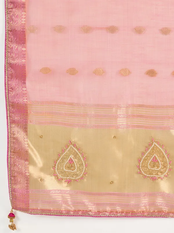Blush_Pink_Tissue_Linen_Saree_With_Gold_Blouse_&_Hand_Embellished_Details_For_Women