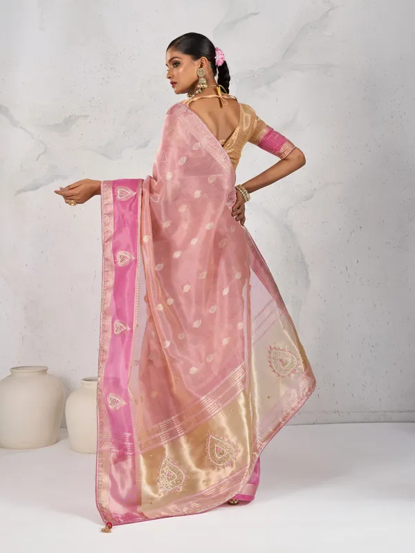 Blush_Pink_Tissue_Linen_Saree_With_Gold_Blouse_&_Hand_Embellished_Details_For_Women