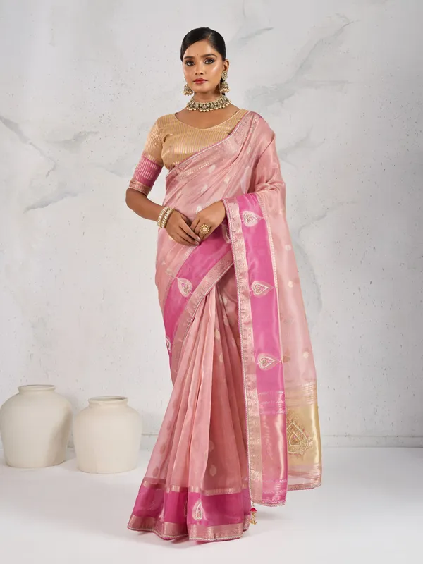 Blush_Pink_Tissue_Linen_Saree_With_Gold_Blouse_&_Hand_Embellished_Details_For_Women